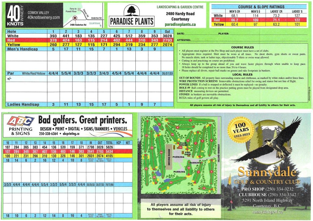 Scorecard Sunnydale Golf and Country Club Scorecard Sunnydale Golf and Country Club